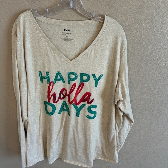 EVRI Women's Happy Holla Days Beige‎ Long Sleeve Everyday Tee Christmas Size 2X - Picture 1 of 6